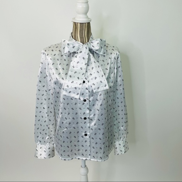 Vintage 70s 80s Handmade Mod Novelty Print Pussy-Bow Button Front Blouse Medium - Picture 2 of 9